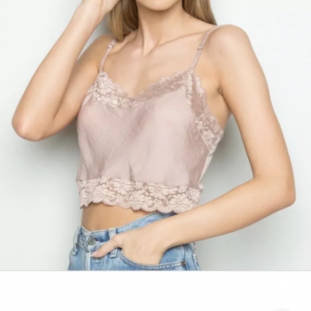 New Brandy Melville dusky pink lace trim silky top